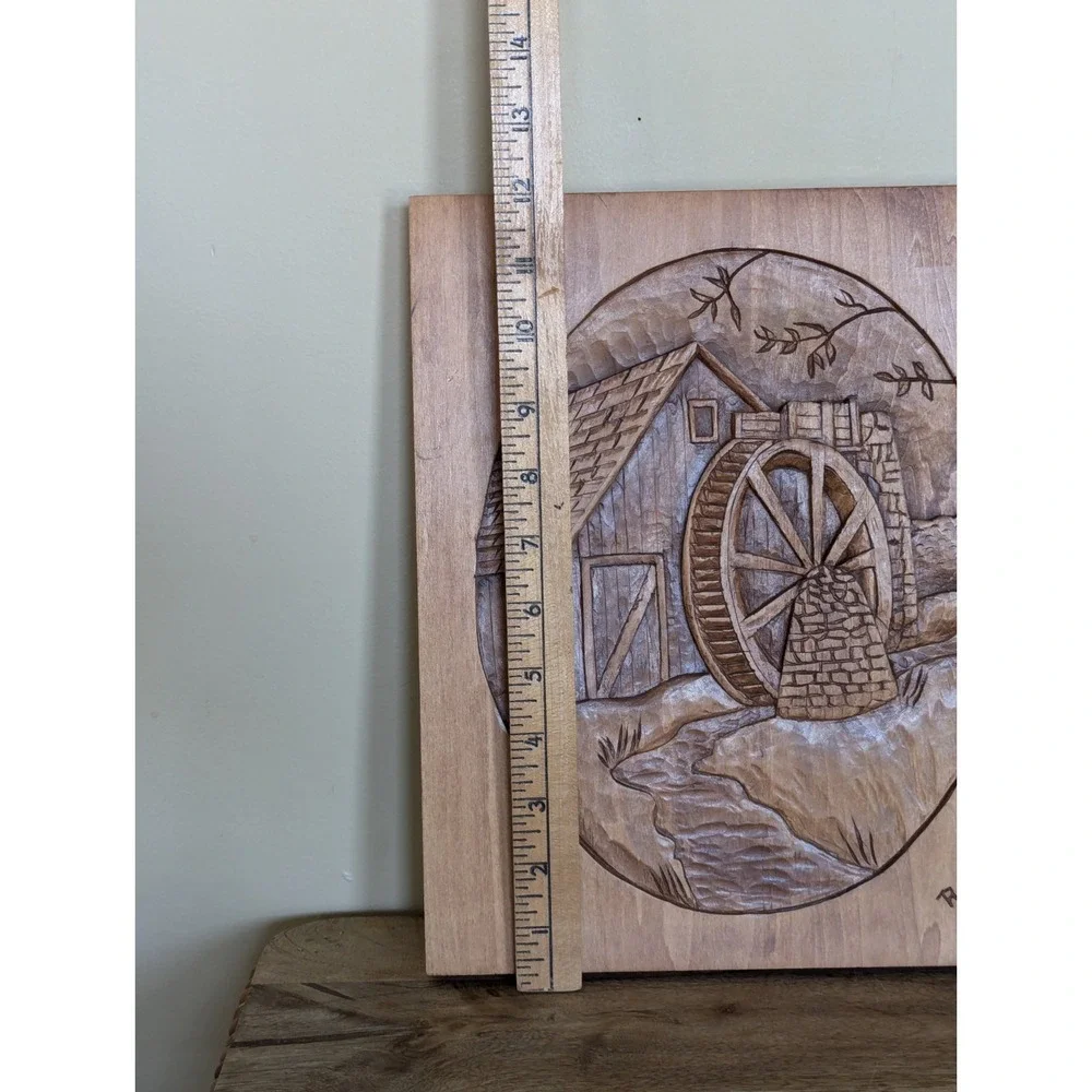 Vintage Hand Carved Wood Relief 3-D Wall Plaque Decor Water Mill Wheel Signed